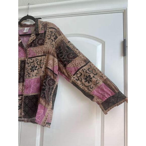 Allison Daley Brown, Purple, Black Patch Boho Print Button up Collar Top - Picture 4 of 5